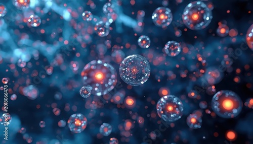 Glowing molecular particles suspended in futuristic laboratory environment, biotech innovation concept, ultra realistic lighting, minimal advertising background