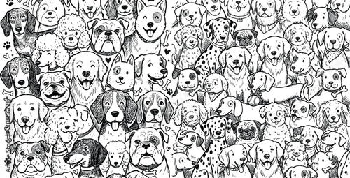 Black and white coloring page pattern featuring many different dog breeds