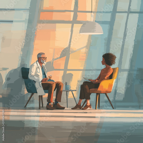 Warm sunlight fills a quiet therapy room. Doctor listens attentively to a patient seated across. Soft colors create calm, reassuring atmosphere. Both appear engaged, focused on conversation