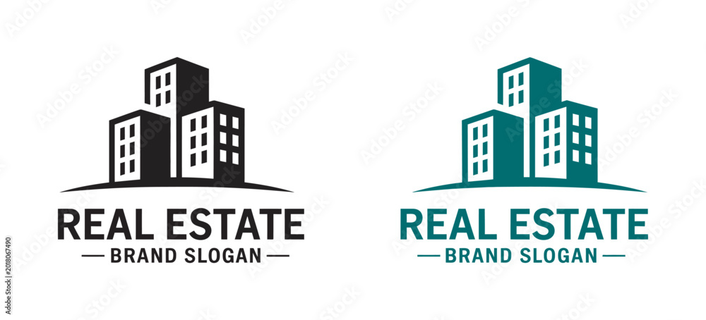 Obraz premium Modern real estate logo design, stylized buildings icon, corporate branding identity, property business vector illustration, architecture company logo set