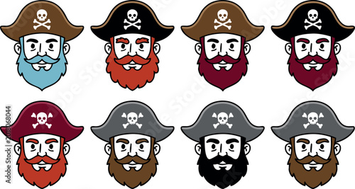 Schilderij op canvas Cartoon Pirate Captain Character Face Illustration Set with Different Colored Be