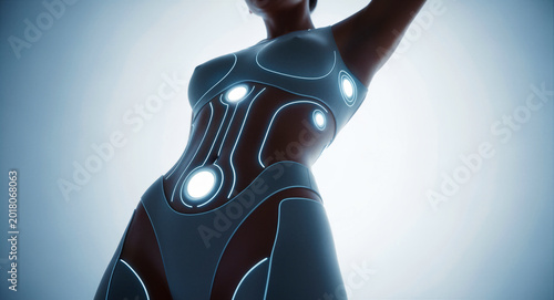 Futuristic woman in bodysuit with glowing blue circuitry. Female figure with circular neon light accents in sci-fi setting. Cyberpunk tech concept for science fiction and future design.