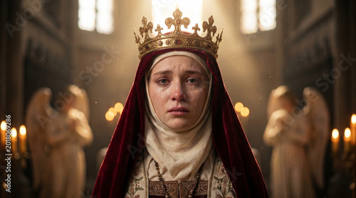 A portrait of a queen looking sorrowful, adorned in a crown, with tears streaming down her face