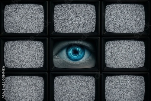 ​A wall of vintage TV static with one clear, sharp futuristic eye