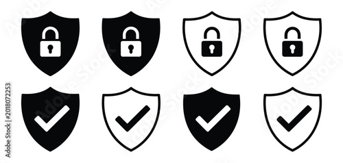 Tableau sur toile Security shield icon set, minimal black pictogram collection of lock security shield and validation check symbols for encryption safety compliance and online protection graphics