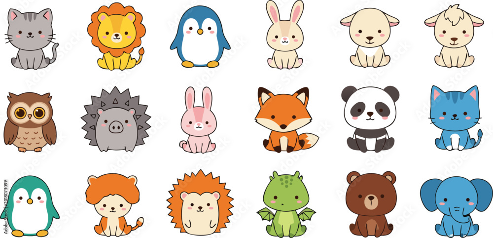 Fototapeta premium Cute animal characters collection set featuring lion penguin rabbit fox panda owl and dragon, cartoon vector illustration for kids, nursery and sticker design projects