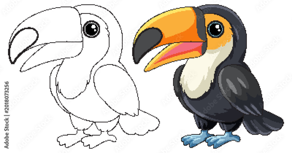 Fototapeta premium Cute Toucan Bird Vector Illustration in Color and Outline Style