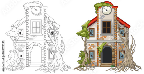 Εκτύπωση καμβά Vector illustration of ruined clock tower house entwined with massive tree roots