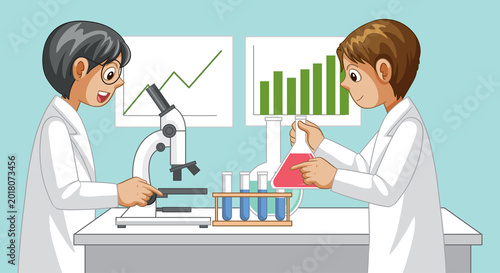 Vector illustration of students in white coats using laboratory equipment for scientific research and analysis