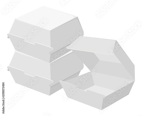 Isometric vector illustration of stacked closed and open white cardboard burger boxes on white background