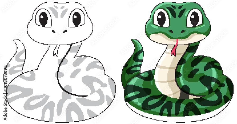 Fototapeta premium Cute Green Snake Cartoon Character with Coloring Page Version