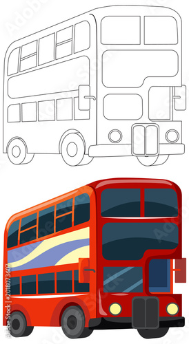 Red double decker city bus vector graphic includes colored and line art outline versions