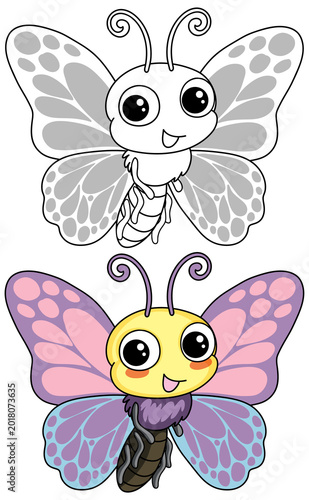 Vector illustration of a smiling butterfly provided in both colorful and grayscale coloring book styles