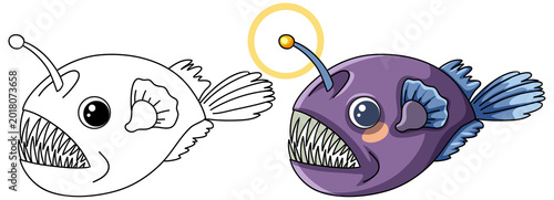 Two cartoon anglerfish characters presented as a black outline and a colored vector illustration