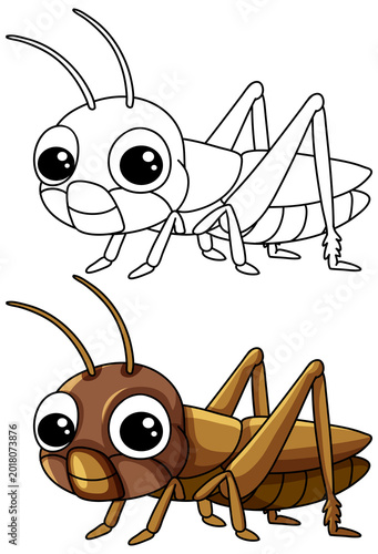 Vector illustration of a friendly cricket character provided in both colored and outline versions
