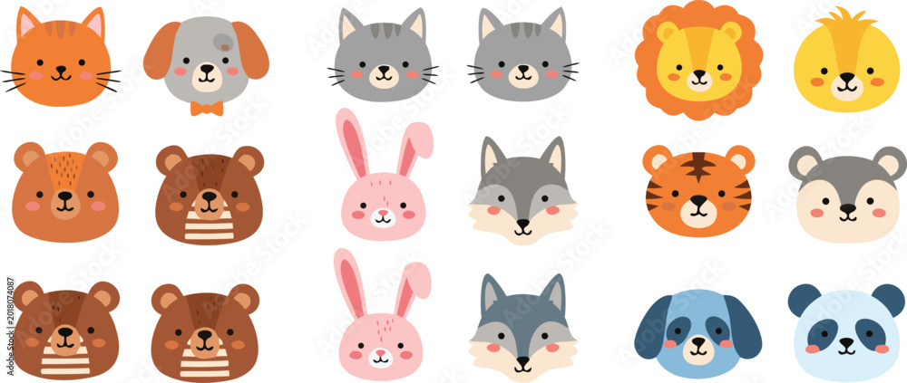 Obraz premium Cute animal faces collection set featuring cat dog lion tiger panda rabbit and bear, cartoon vector illustration for kids, nursery and mascot design projects