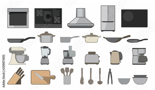 Cooking equipment outline icon collection with kitchen appliance and culinary tool symbols