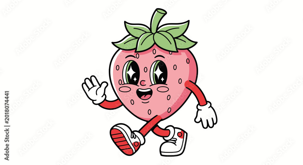 Fototapeta premium Cartoon strawberry character running happily.