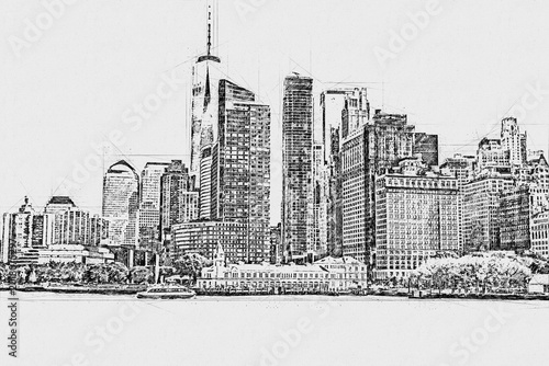 Bild auf Leinwand Watercolor black and white sketch or illustration of a beautiful view of the New