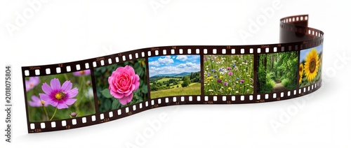 Curved film strip with nature images isolated on white background