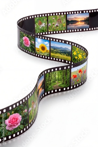 Curved film strip with nature images isolated on white background