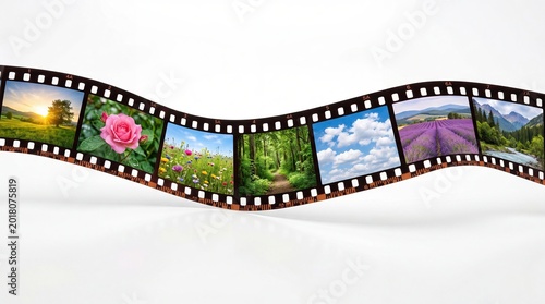 Curved film strip with nature images isolated on white background
