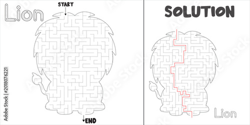 Lion Shaped Labyrinth Puzzle brain game abstract wild animal maze with Solution for kids and adults. fun logic Education vector worksheet  illustration isolated on white background