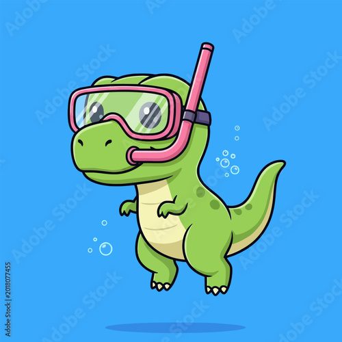 Cute cartoon dinosaur wearing snorkeling gear ready for underwater adventure.