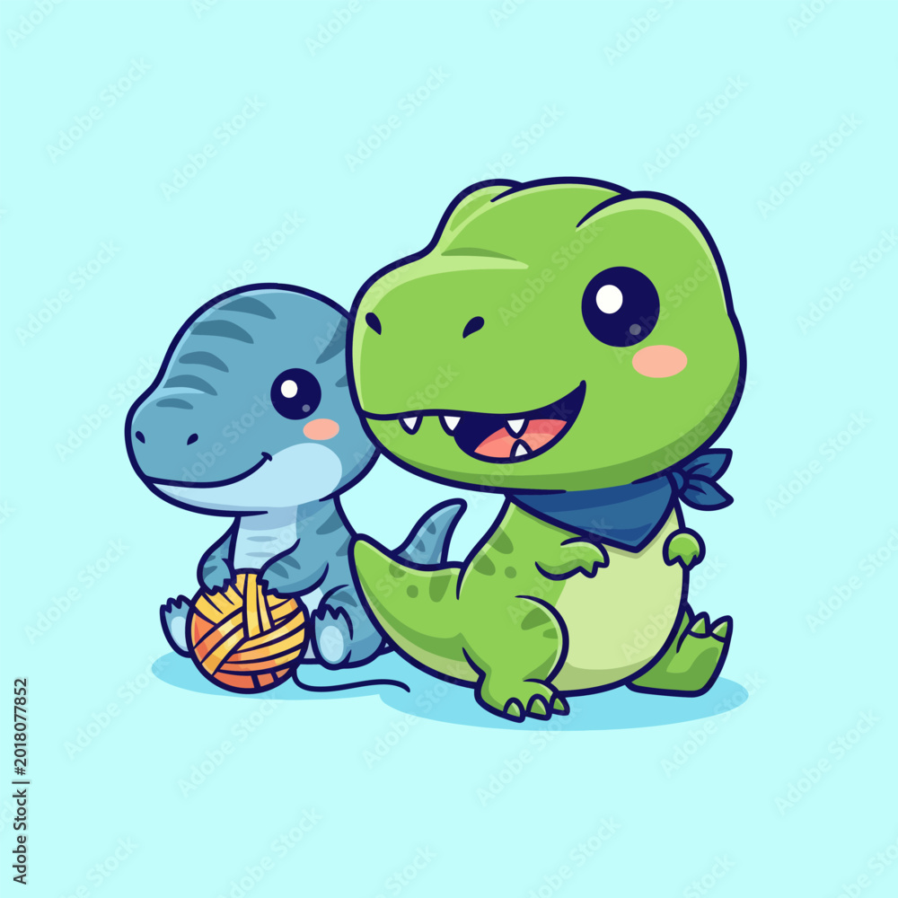 Obraz premium Cute Cartoon Dinosaurs Playing with Yarn Ball.