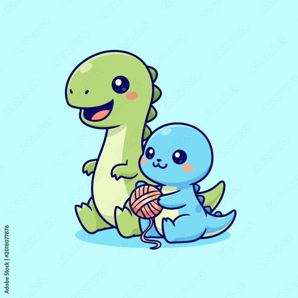 Obraz premium Cute cartoon dinosaurs playing with yarn.