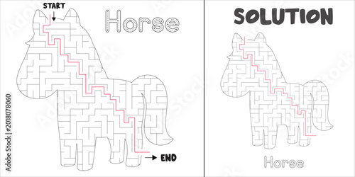Horse Shaped Labyrinth Puzzle brain game abstract farm animal maze with Solution for kids and adults. fun logic Education vector worksheet  illustration isolated on white background