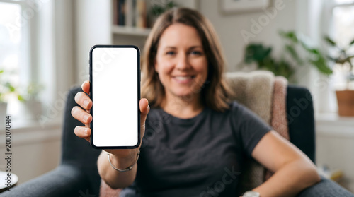 Woman Showing Mobile Phone Screen Blank for Advertisement