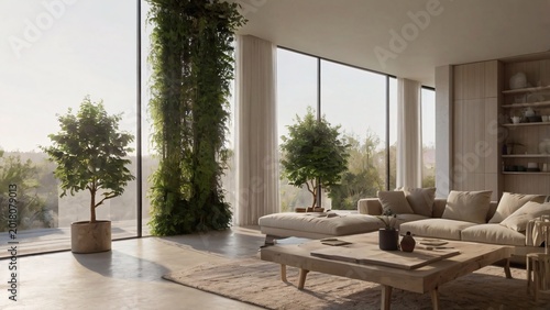 Spacious contemporary living room design bathed in natural light, featuring indoor greenery and serene outdoor views, epitomizing modern comfort