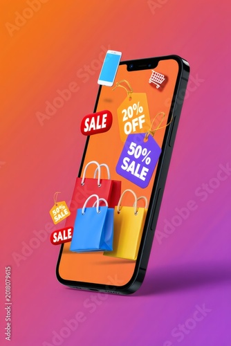 Vibrant smartphone screen displays colorful shopping bags and sale signs