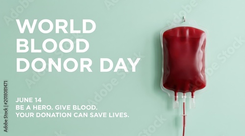 World Blood Donor Day concept with red IV bag, June 14 medical donation banner, healthcare awareness poster for life saving blood donation