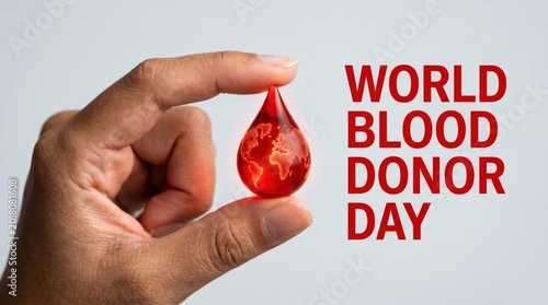 World Blood Donor Day concept, hand holding red glass blood drop with world map, medical donation awareness and healthcare support