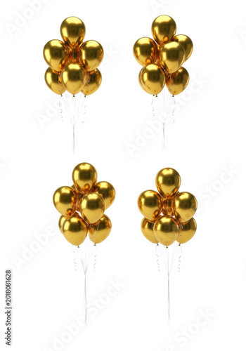four large clusters of reflective gold metallic helium balloons floating on a transparent infinity studio background with high-key lighting and copy space, celebration and luxury concept