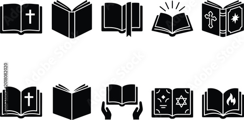 Bild auf Leinwand Religious Book Icons Set Holy Scripture Symbols angles vector
