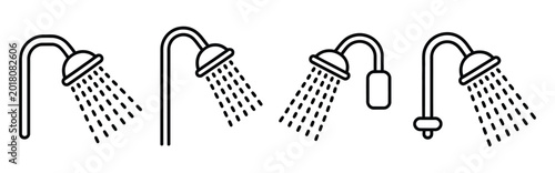 Tableau sur toile Shower head line icons with spray water effect on white background, clean outlin