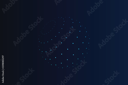 Schilderij op canvas Abstract sphere composed of glowing blue dots on dark navy background, points pa