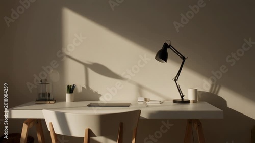 A modern workspace with a desk lamp shines on a clean white table and chair in a room.