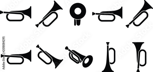 Schilderij op canvas Ten black and white trumpet and horn silhouette icons in various orientations br