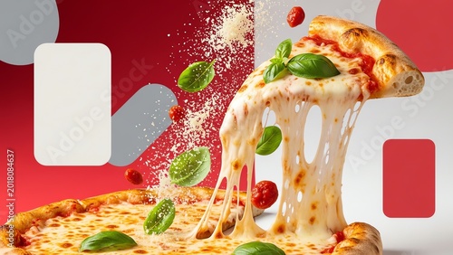 Mouthwatering pizza slice with abundant stretching cheese and fresh basil, a dynamic culinary delight