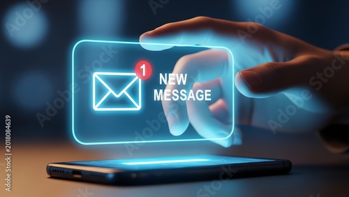 Vibrant glowing new message alert projected from a smartphone, symbolizing instant digital communication and global connectivity