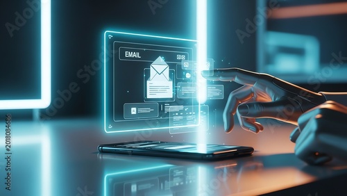 Futuristic holographic interface displays email and data on a smartphone with a robotic hand interacting