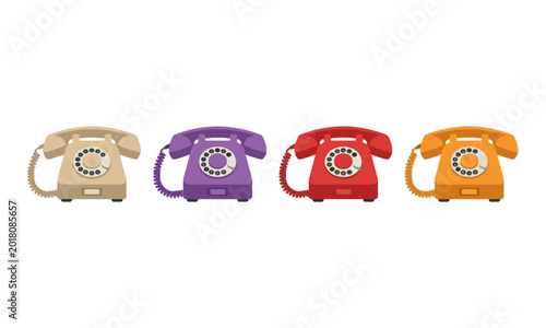 Tablou pe pânză Vintage rotary dial telephones in colorful row on white background