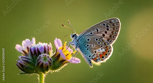 Obraz Close up of a small blue butterfly resting on a delicate wildflower in a sunlit meadow