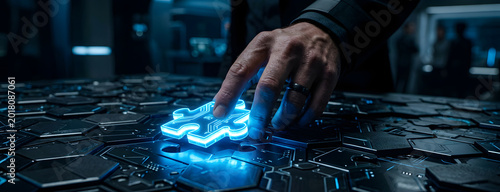 Innovation strategy business solution concept hand placing glowing neon blue puzzle piece into metallic futuristic circuit board
