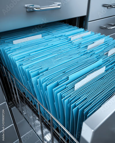 Organized Filing Cabinet with Blue Folders for Office Administration Marketing