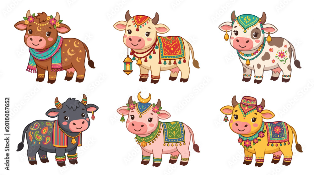 Obraz premium Adorable cartoon calves adorned with vibrant cultural patterns, celebrating a joyful festive season, embodying tradition and playful spirit in a delightful collection